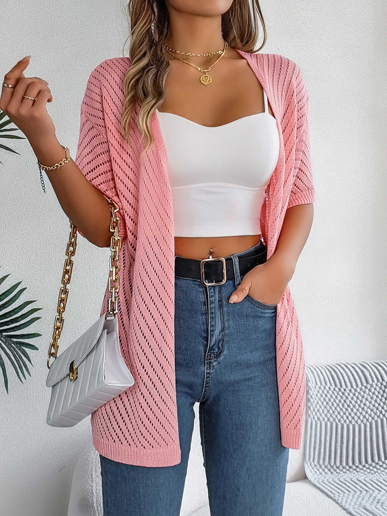 Women S Vertical Stripe Hollow Out Short Sleeve Knit Cardigan Cover-Up