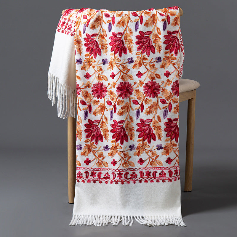 Rich Red Embroidered Winter Scarf For WomenSpringtime Blossoms All Around