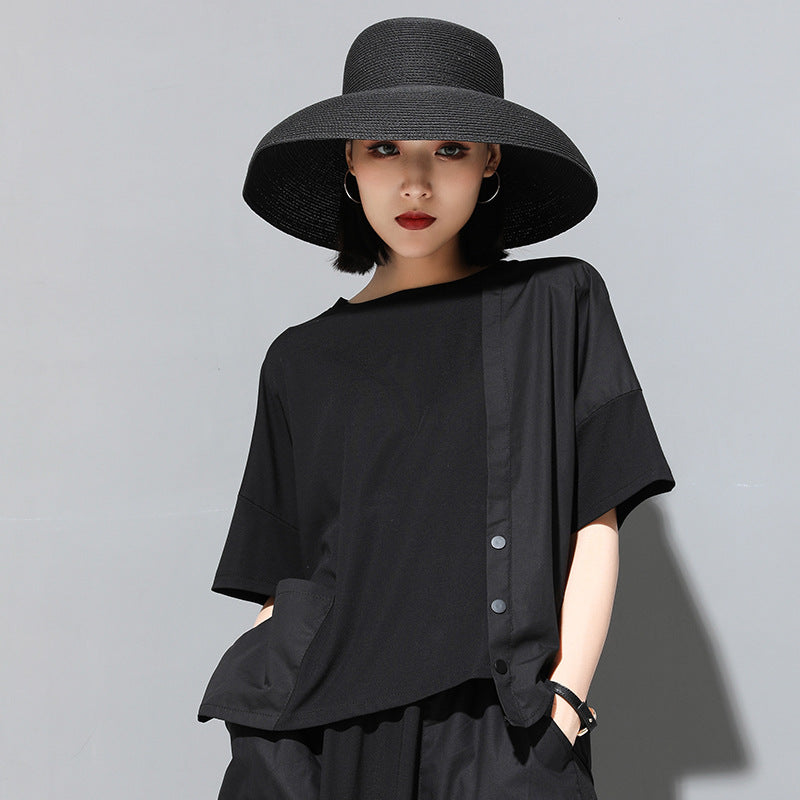 Womens Stylish, Personalized Patchwork Asymmetrical Short-Sleeve Top