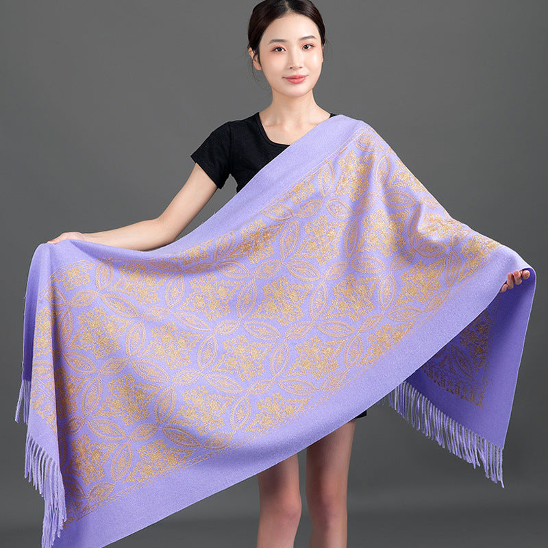 Autumn Winter Embroidered Golden Silk Lily Design In Xinjiang Cashmere