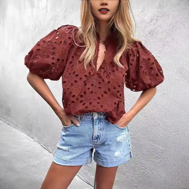 Womens Stylish Casual Hollow-out Lace Top