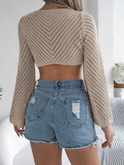 Women S Hollow Out Stripe Tie Front Long Sleeve Cropped Knit Cover-Up
