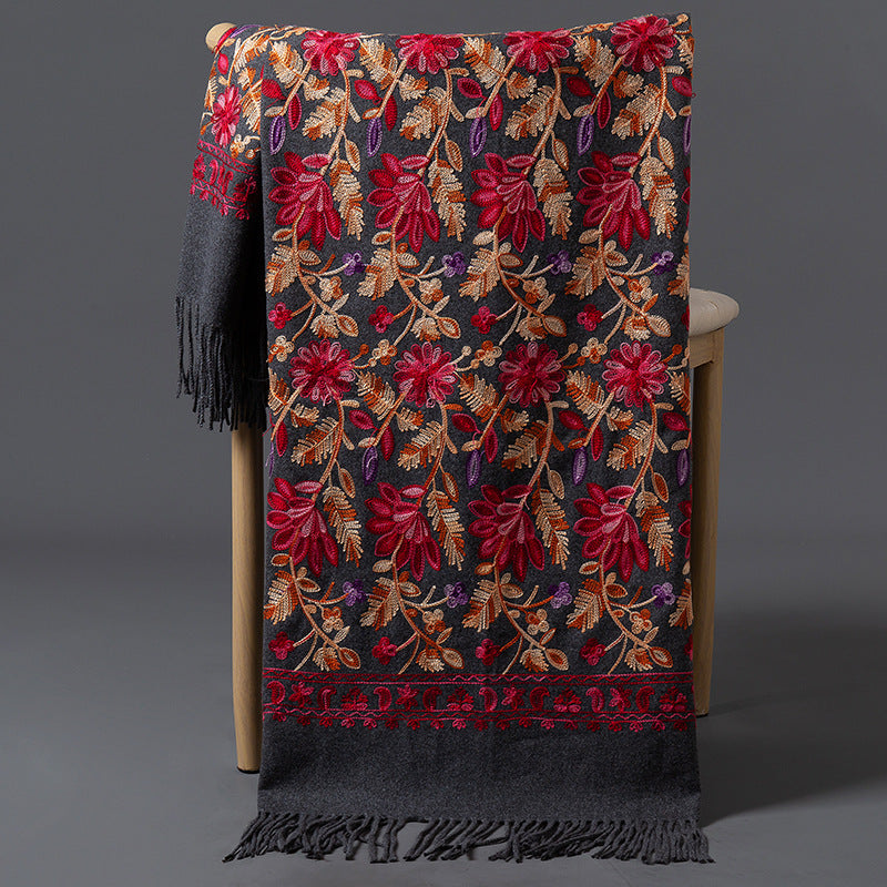 Rich Red Embroidered Winter Scarf For WomenSpringtime Blossoms All Around