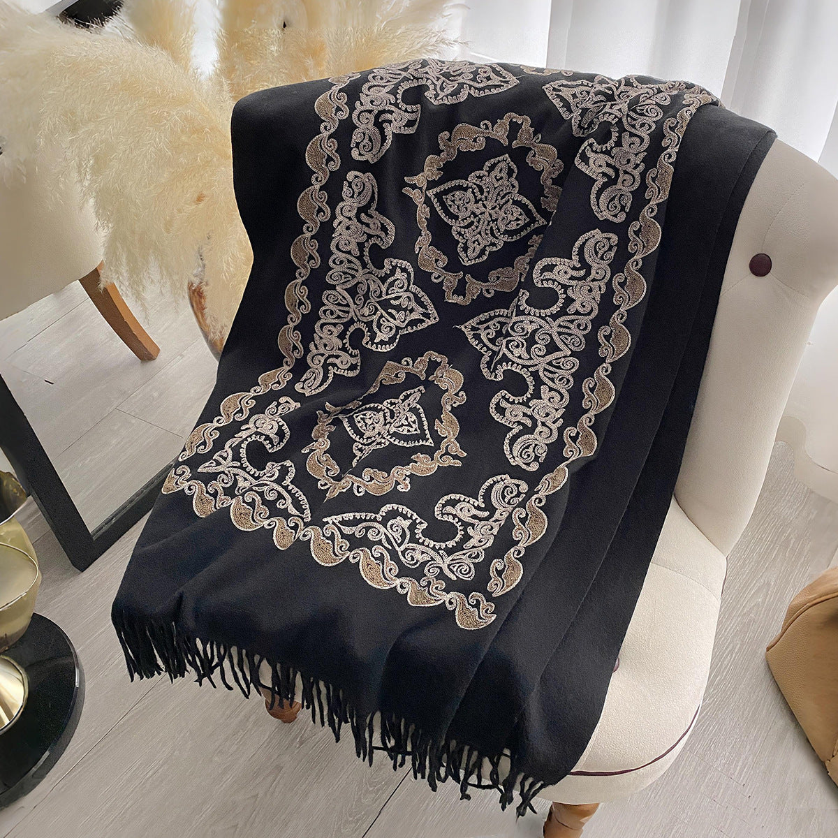 Womens High-End Warm Dual-Use Embroidered Tassel Shawl