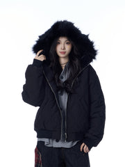 American Retro Rhombus Fur Collar Cotton Cardigan Hooded Cotton Jacket