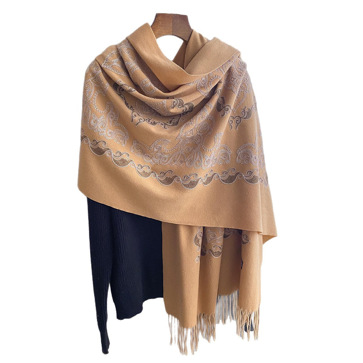 Womens High-End Warm Dual-Use Embroidered Tassel Shawl