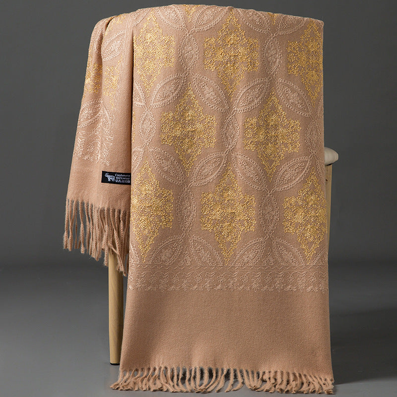 Autumn Winter Embroidered Golden Silk Lily Design In Xinjiang Cashmere