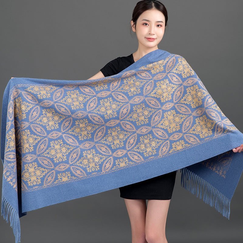 Autumn Winter Embroidered Golden Silk Lily Design In Xinjiang Cashmere