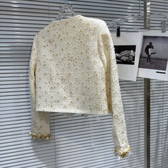 Golden Bright Piece Flower Beaded Edge Tweed Light Luxury Short Coat Top