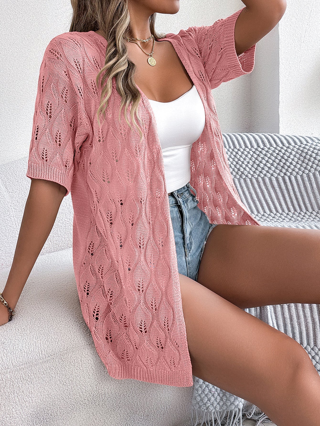 Women S Leaf Hollow Out Short Sleeve Knit Cardigan Vacation Cover-Up