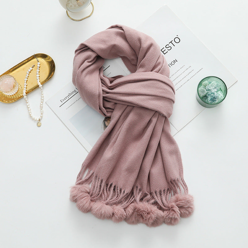 Versatile New-Style Womens Cape With Pompoms Cashmere And Wool Scarf