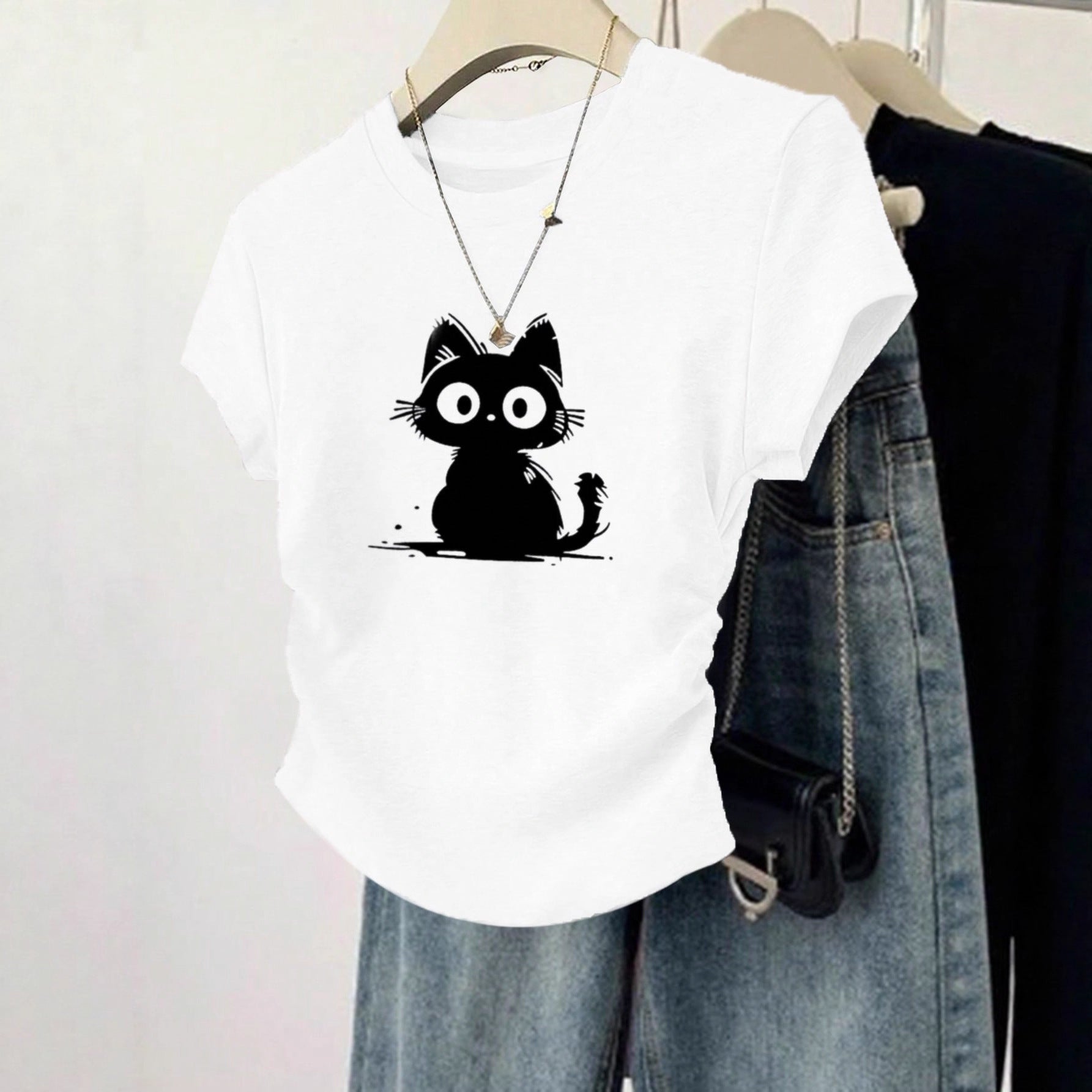 Womens Sweet-Style T-Shirt With Adorable Cartoon Cat Print