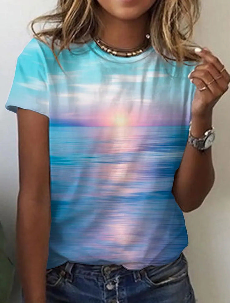 Geometric Retro Printed Round Neck Short Sleeve T-shirt Women's Top
