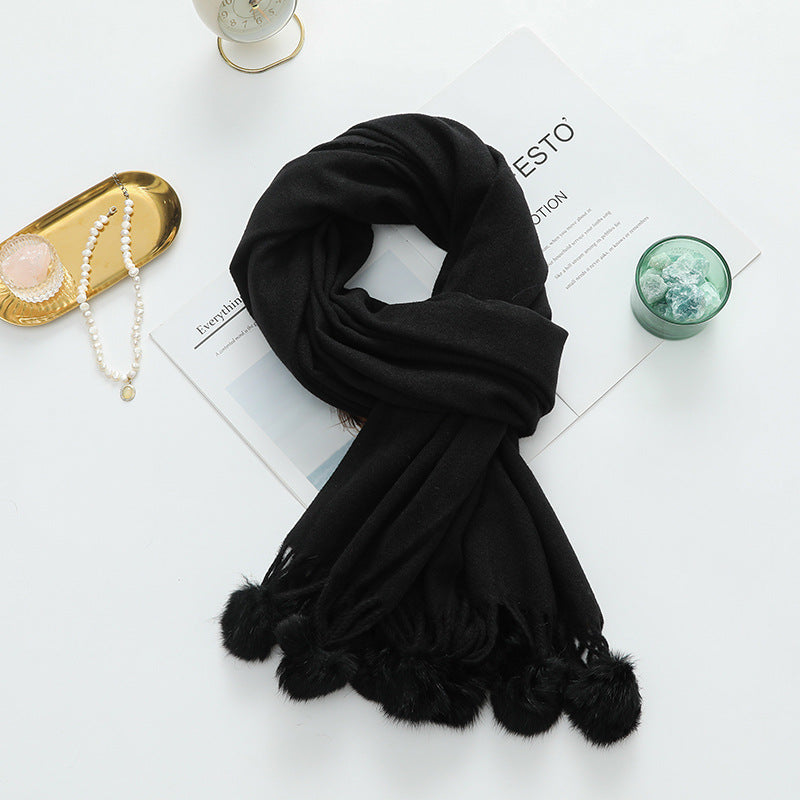 Versatile New-Style Womens Cape With Pompoms Cashmere And Wool Scarf