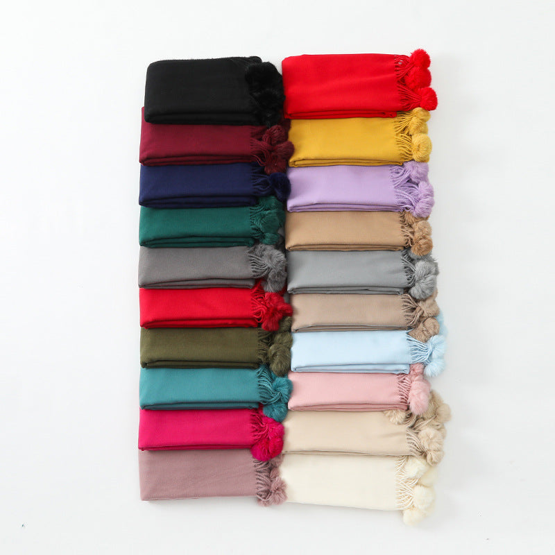 Versatile New-Style Womens Cape With Pompoms Cashmere And Wool Scarf