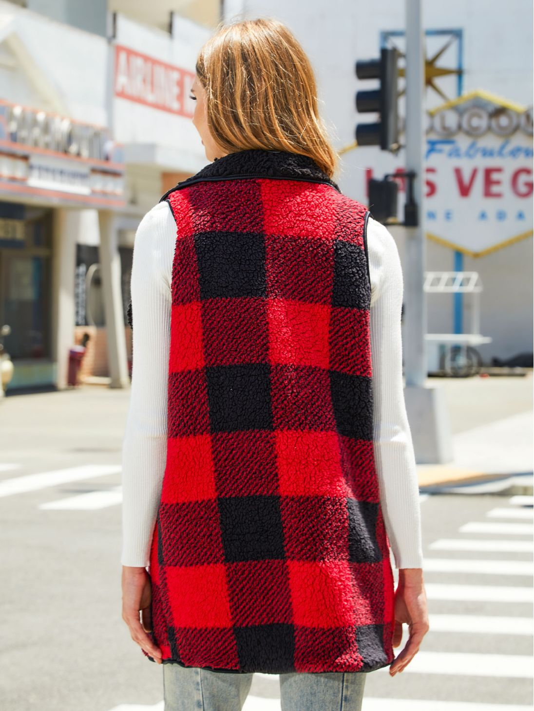 Cardigan Plaid Plush Vest Coat For Women