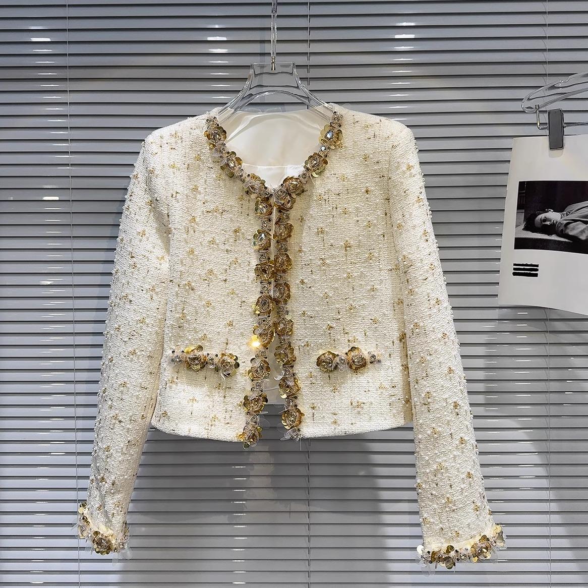 Golden Bright Piece Flower Beaded Edge Tweed Light Luxury Short Coat Top