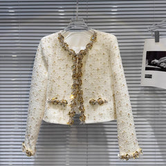 Golden Bright Piece Flower Beaded Edge Tweed Light Luxury Short Coat Top