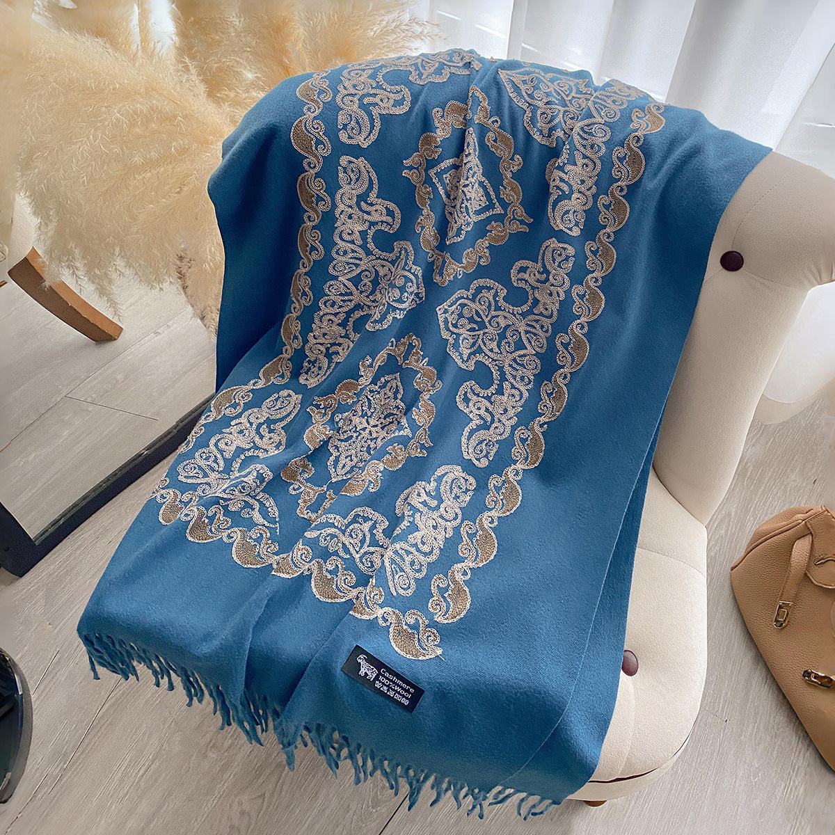Womens High-End Warm Dual-Use Embroidered Tassel Shawl