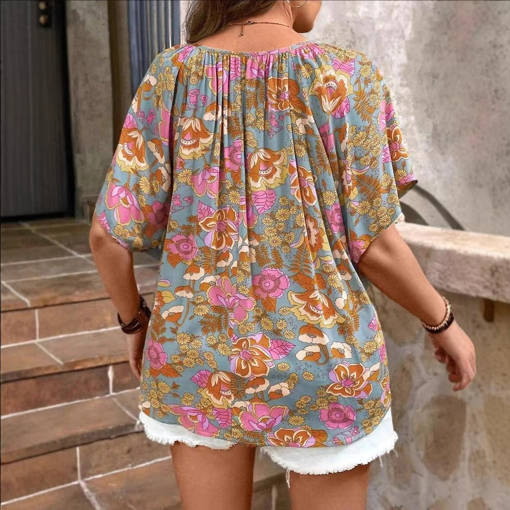 Womens Relaxed-fit V-neck Mid-sleeve Printed Top