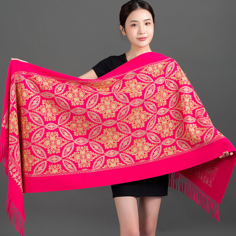 Autumn Winter Embroidered Golden Silk Lily Design In Xinjiang Cashmere