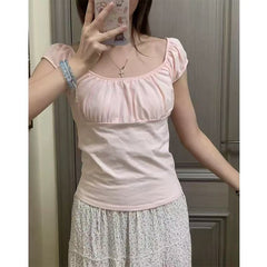 Womens Short-sleeve Top With A Round Neck And Puffed Sleeves