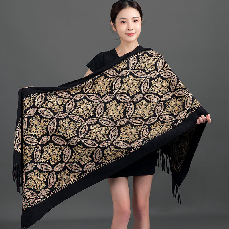Autumn Winter Embroidered Golden Silk Lily Design In Xinjiang Cashmere