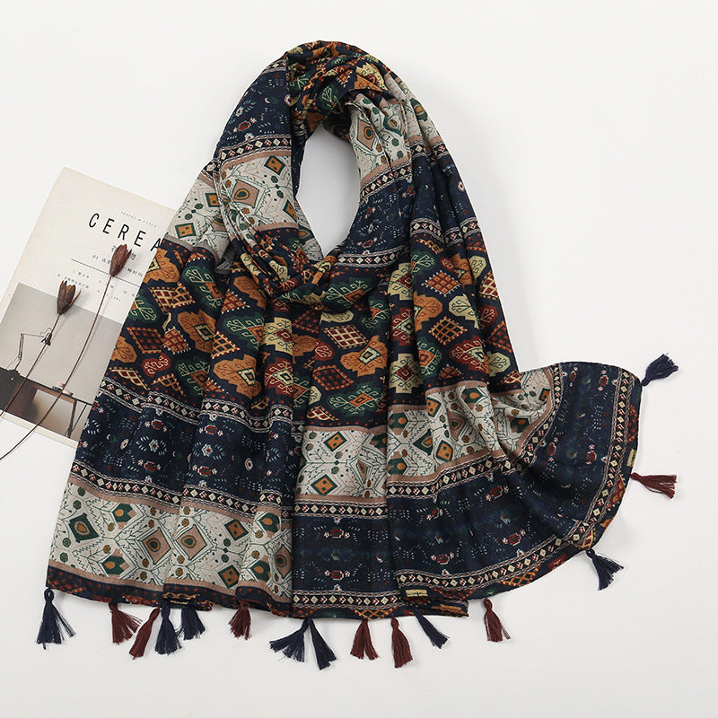 Retro Color-Block Small Floral Shawl For Women