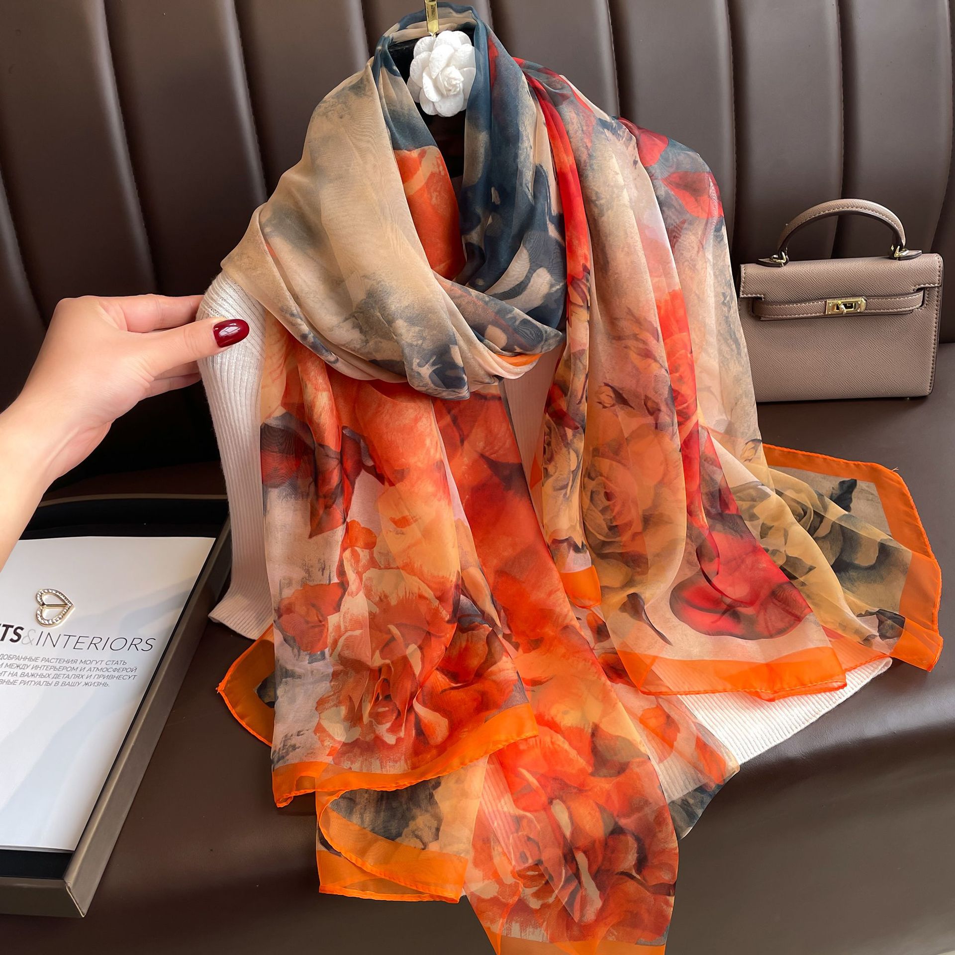Youshou Silk Scarf Sun Protective Shawl Thin Long Style With Print