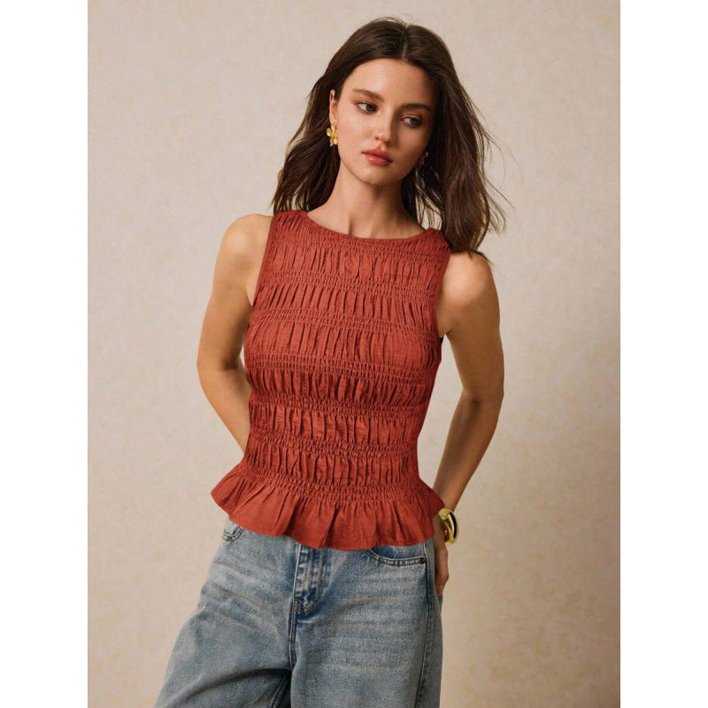 Womens Solid-Color Pleated Crew-Neck Casual Tank Top