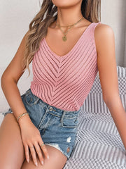 Women S Solid Color V-Neck Hollow Out Sleeveless Knit Vacation Tank