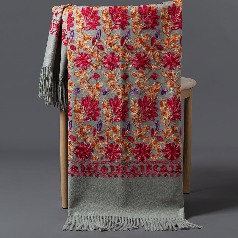 Rich Red Embroidered Winter Scarf For WomenSpringtime Blossoms All Around
