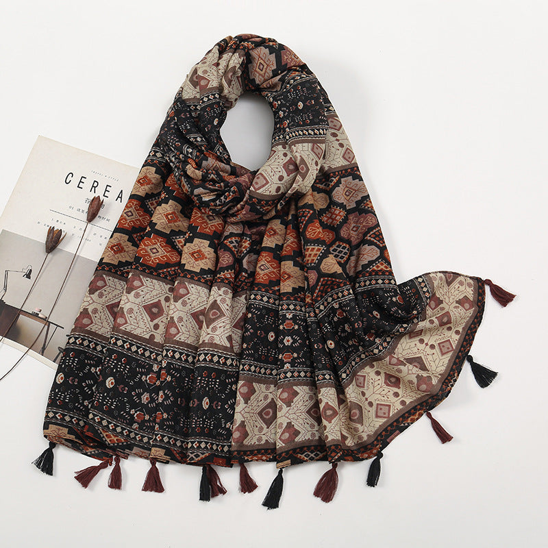 Retro Color-Block Small Floral Shawl For Women