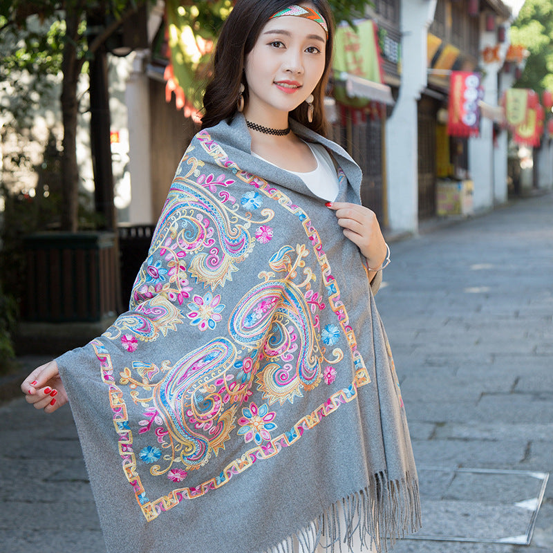 Embroidered Ethnic-Style Great Wall Cashew-Pattern Embroidery Cashmere Scarf