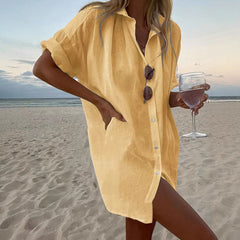 Women's Casual Loose-Fit Fashionable Cotton-Linen Solid-Color Short-Sleeve Top